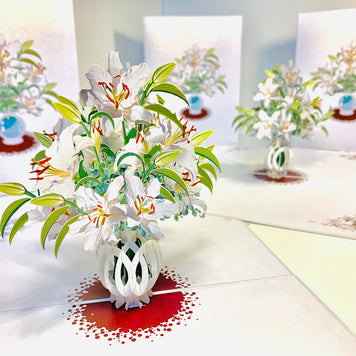 Lush White Oriental Lilies in a Vase Origami Pop Cards 3D Pop Up Greeting Card Happy Birthday Thank You Handmade Gift Thinking of You Blank Card for Any Occasion Happy Mother's Day Happy Father's Australiana Celebrate Love and Romantic