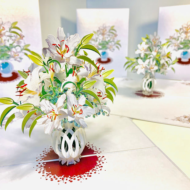 Lush White Oriental Lilies in a Vase Origami Pop Cards 3D Pop Up Greeting Card Happy Birthday Thank You Handmade Gift Thinking of You Blank Card for Any Occasion Happy Mother's Day Happy Father's Australiana Celebrate Love and Romantic