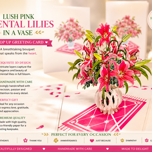 Lush Pink Oriental Lilies in a Vase Origami Pop Cards 3D Pop Up Greeting Card Happy Birthday Thank You Handmade Gift Thinking of You Blank Card for Any Occasion Happy Mother's Day Happy Father's Australiana Celebrate Love and Romantic