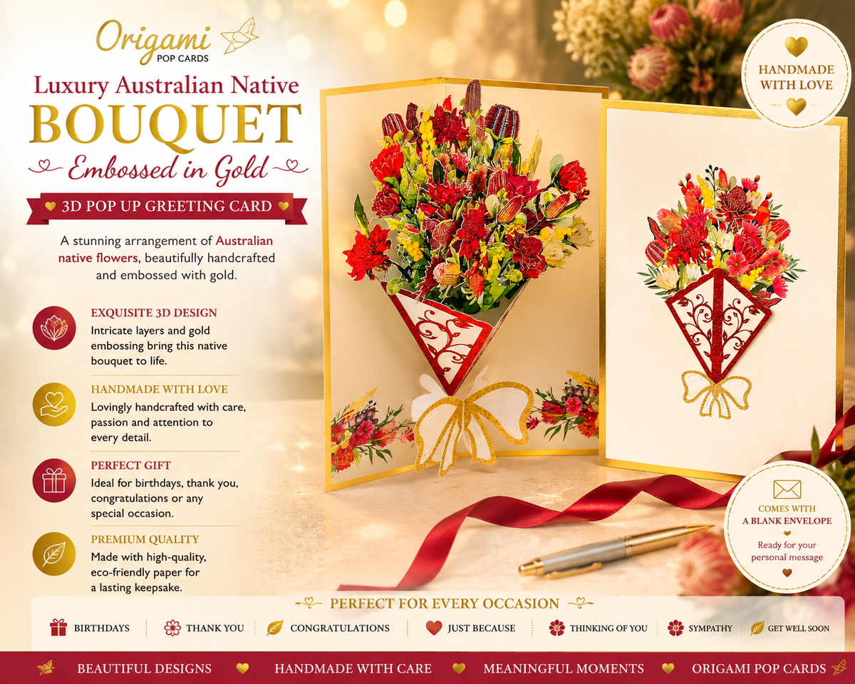 Luxury Australian Native Bouquet of Flowers Embossed Origami Pop Cards 3D Pop Up Greeting Card Happy Birthday Thank You Handmade Gift Thinking of You Blank Card for Any Occasion Happy Mother's Day Happy Father's Australiana Celebrate the Beauty of Flower