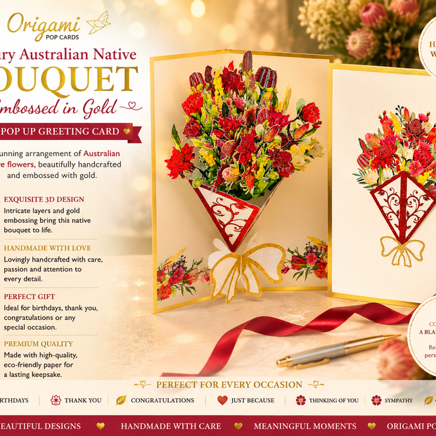 Luxury Australian Native Bouquet of Flowers Embossed Origami Pop Cards 3D Pop Up Greeting Card Happy Birthday Thank You Handmade Gift Thinking of You Blank Card for Any Occasion Happy Mother's Day Happy Father's Australiana Celebrate the Beauty of Flower