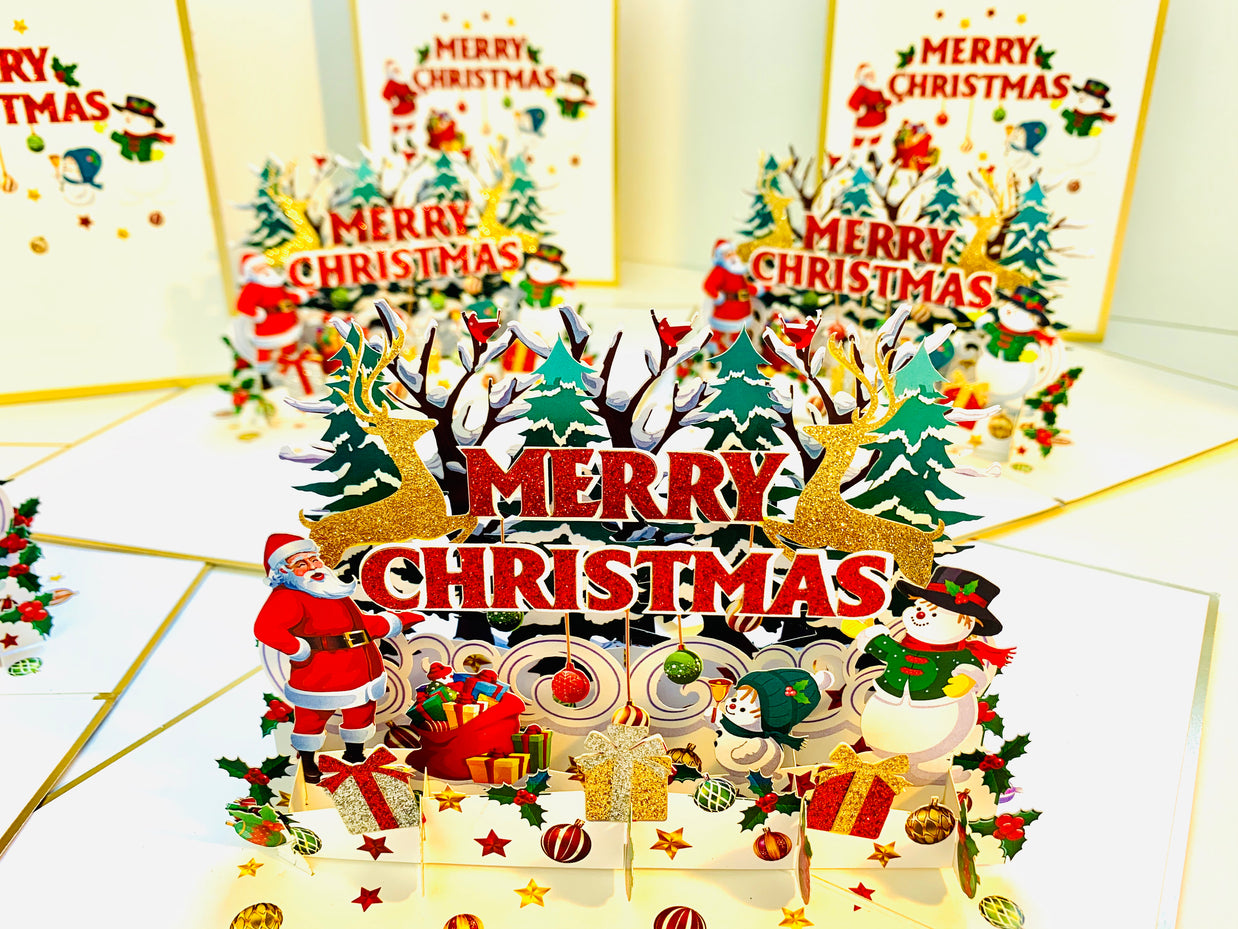 Luxury Gold Classic Santa & Snowman Merry Christmas Ornaments Origami Pop Cards 3D Pop Up Greeting Card Merry Christmas Thank You Handmade Best Wishes Blank Card Gift Happy Holidays Celebrate the Special Day Moment with Family and Friends