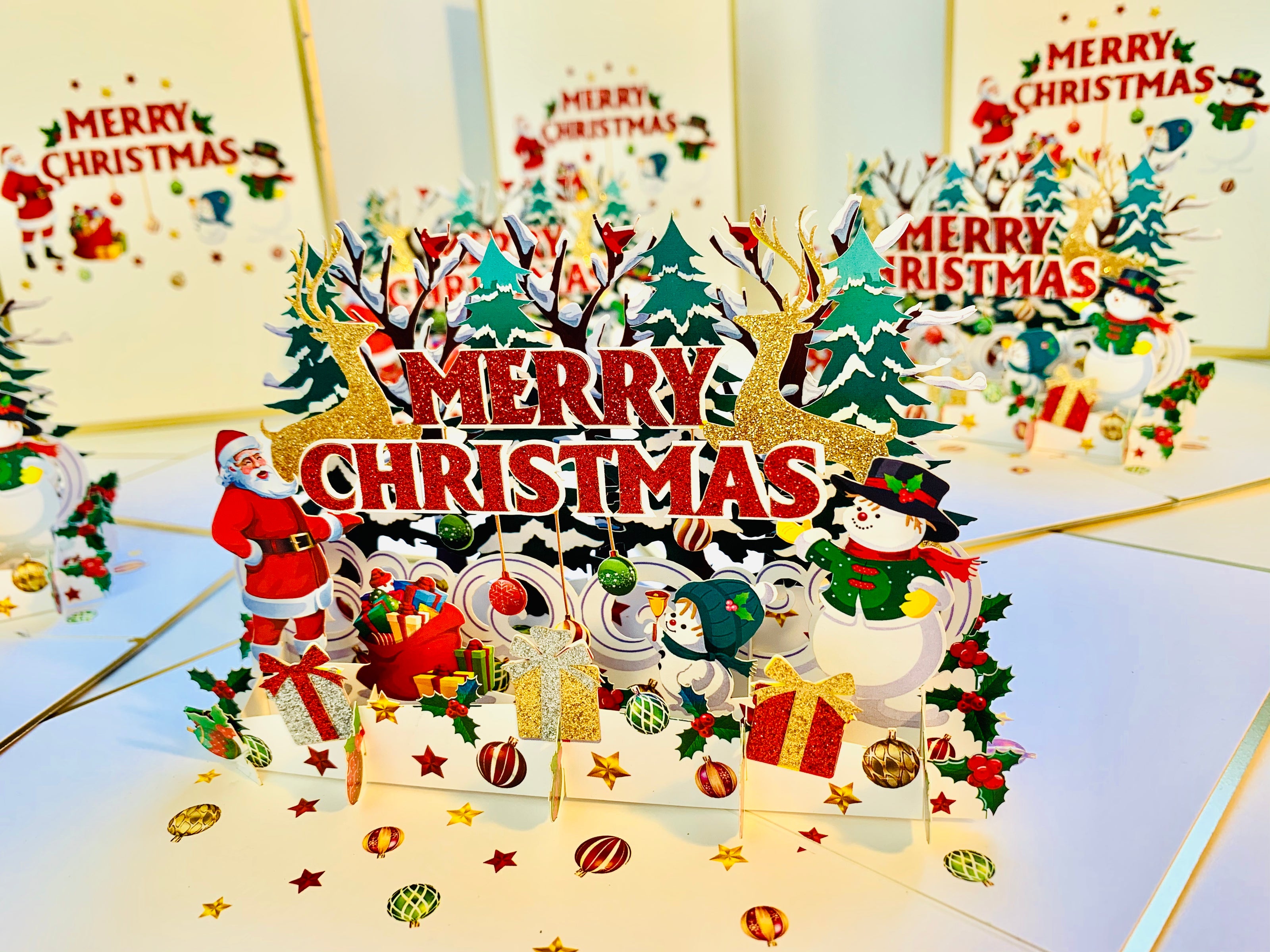 Luxury Gold Classic Santa & Snowman Merry Christmas Ornaments Origami Pop Cards 3D Pop Up Greeting Card Merry Christmas Thank You Handmade Best Wishes Blank Card Gift Happy Holidays Celebrate the Special Day Moment with Family and Friends