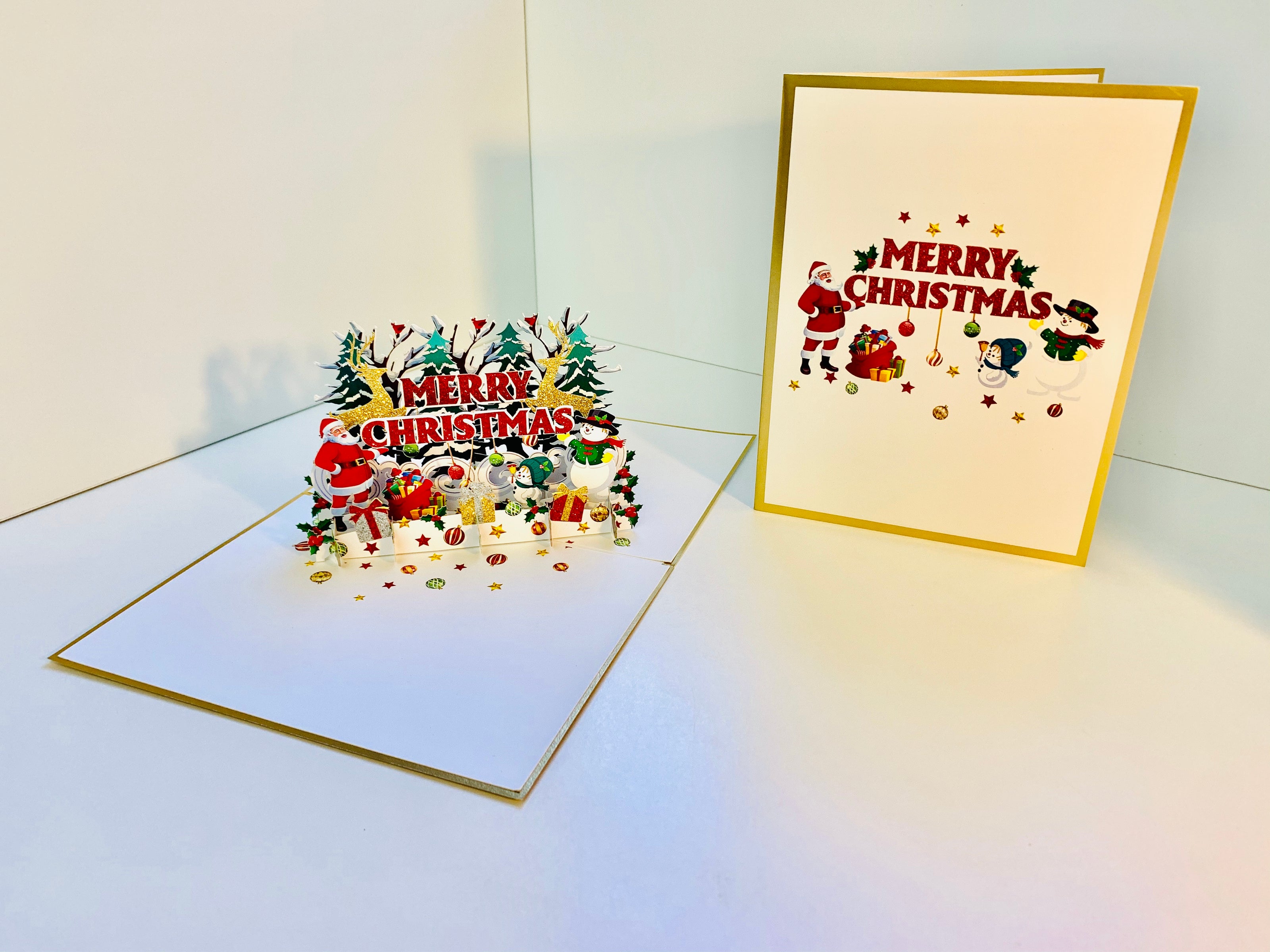 Luxury Gold Classic Santa & Snowman Merry Christmas Ornaments Origami Pop Cards 3D Pop Up Greeting Card Merry Christmas Thank You Handmade Best Wishes Blank Card Gift Happy Holidays Celebrate the Special Day Moment with Family and Friends