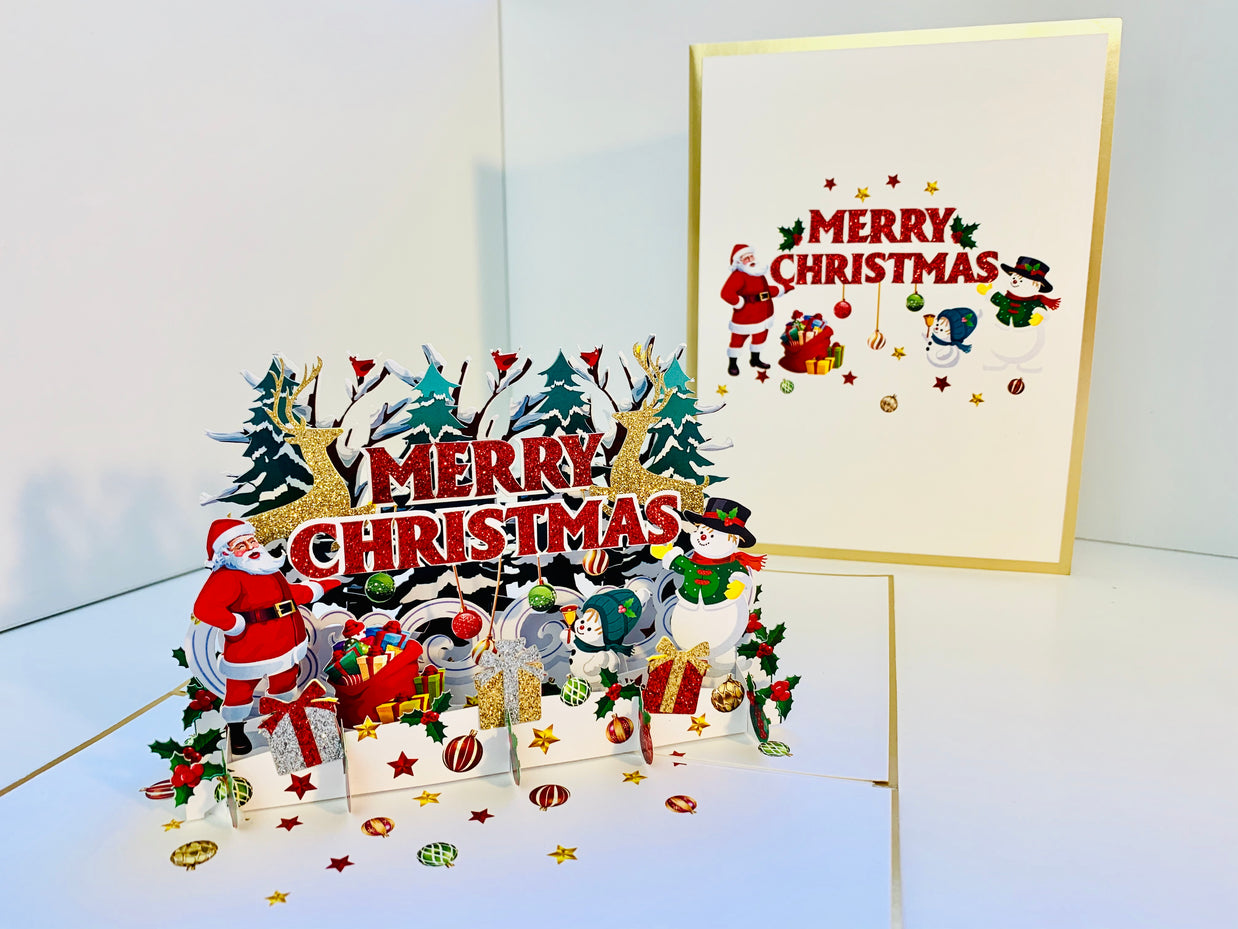 Luxury Gold Classic Santa & Snowman Merry Christmas Ornaments Origami Pop Cards 3D Pop Up Greeting Card Merry Christmas Thank You Handmade Best Wishes Blank Card Gift Happy Holidays Celebrate the Special Day Moment with Family and Friends