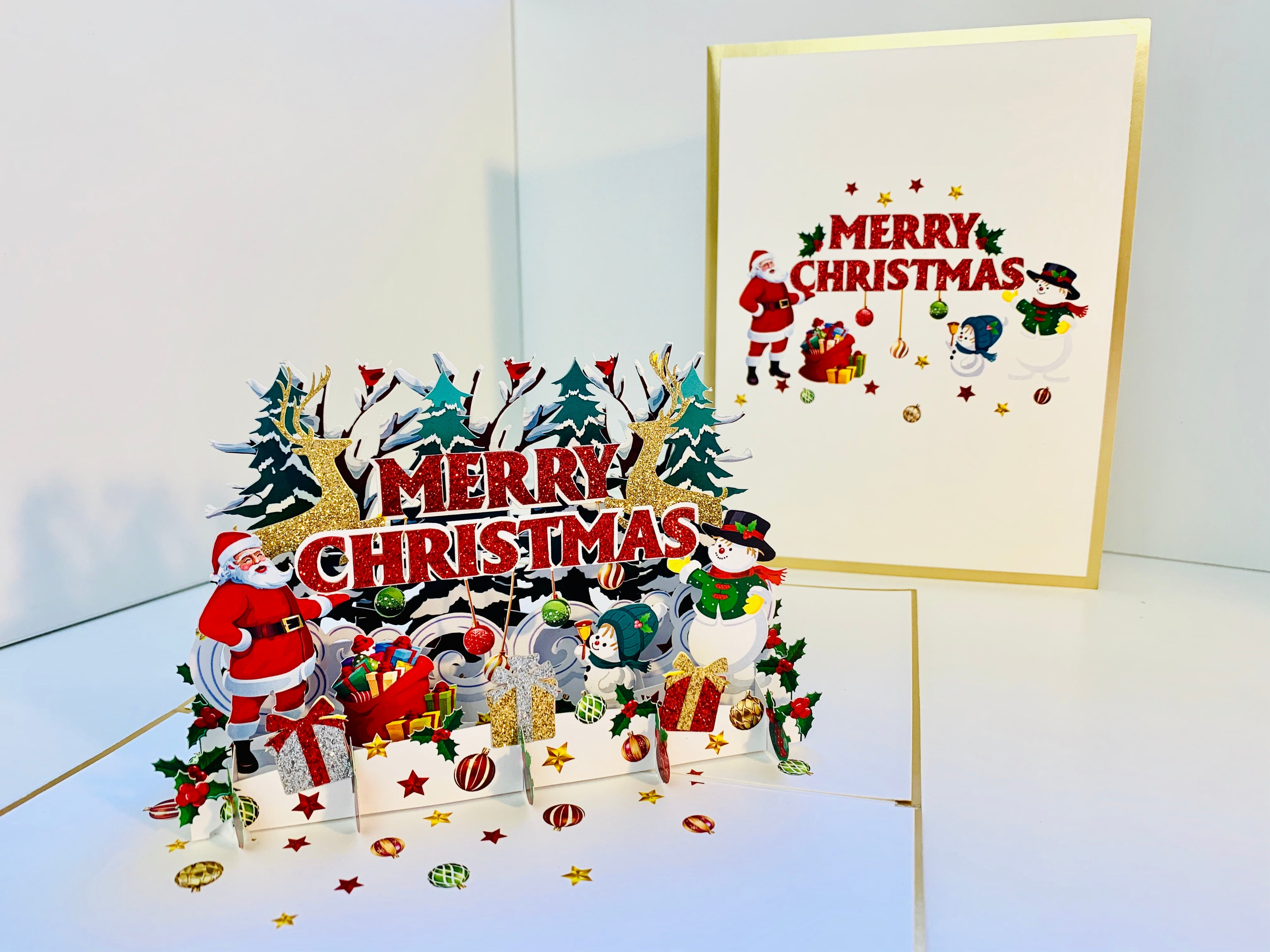 Luxury Gold Classic Santa & Snowman Merry Christmas Ornaments Origami Pop Cards 3D Pop Up Greeting Card Merry Christmas Thank You Handmade Best Wishes Blank Card Gift Happy Holidays Celebrate the Special Day Moment with Family and Friends