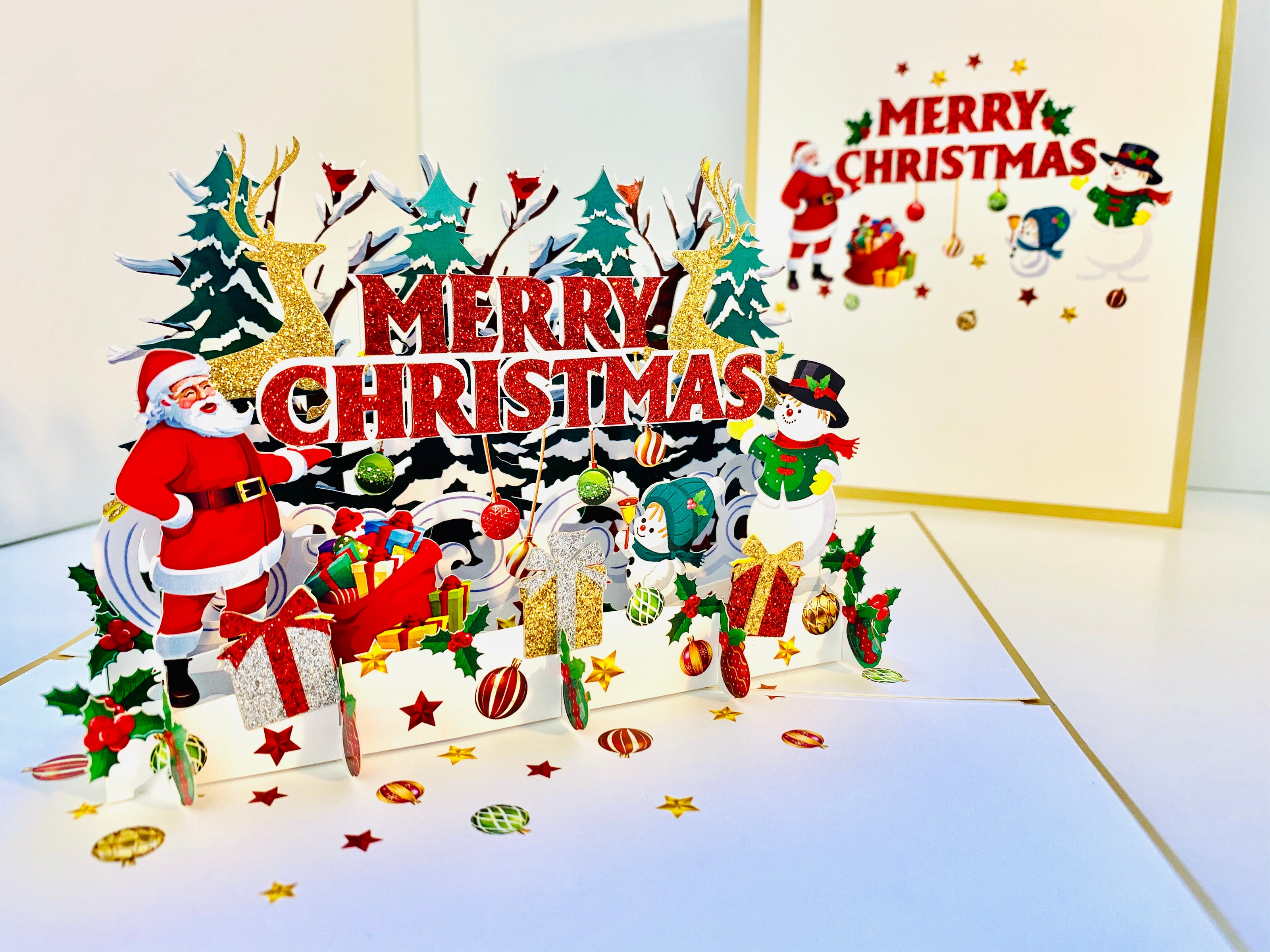 Luxury Gold Classic Santa & Snowman Merry Christmas Ornaments Origami Pop Cards 3D Pop Up Greeting Card Merry Christmas Thank You Handmade Best Wishes Blank Card Gift Happy Holidays Celebrate the Special Day Moment with Family and Friends