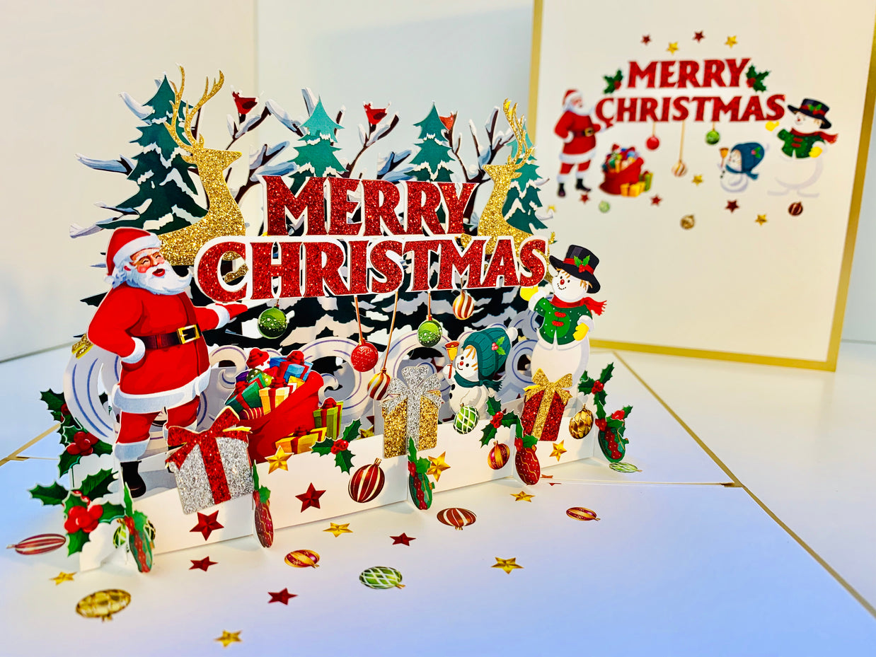 Luxury Gold Classic Santa & Snowman Merry Christmas Ornaments Origami Pop Cards 3D Pop Up Greeting Card Merry Christmas Thank You Handmade Best Wishes Blank Card Gift Happy Holidays Celebrate the Special Day Moment with Family and Friends