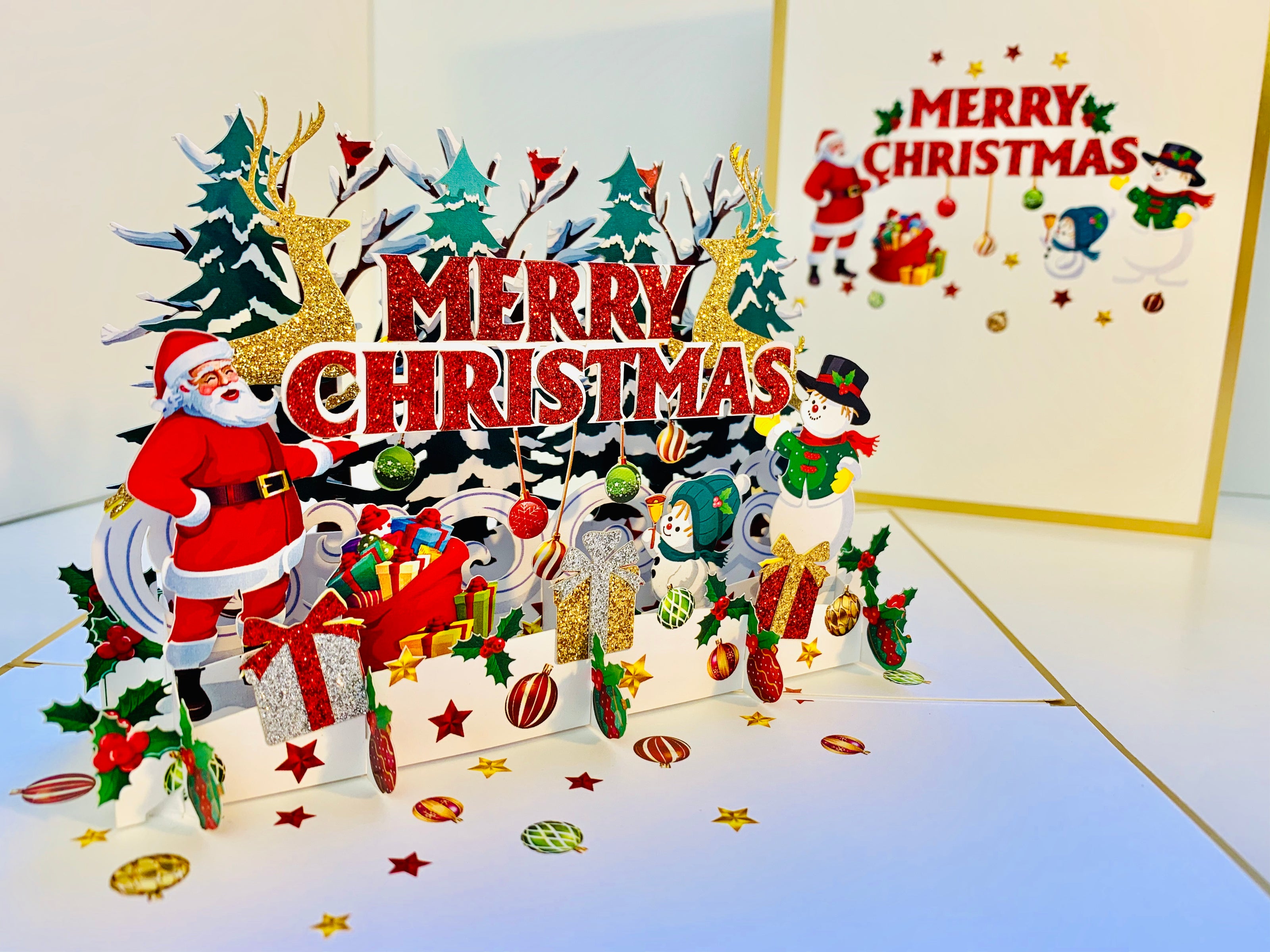 Luxury Gold Classic Santa & Snowman Merry Christmas Ornaments Origami Pop Cards 3D Pop Up Greeting Card Merry Christmas Thank You Handmade Best Wishes Blank Card Gift Happy Holidays Celebrate the Special Day Moment with Family and Friends