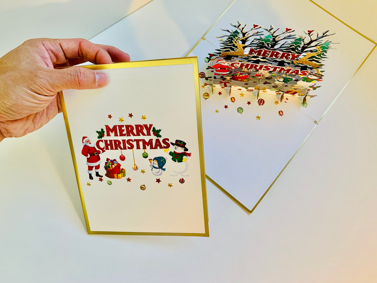 Luxury Gold Classic Santa & Snowman Merry Christmas Ornaments Origami Pop Cards 3D Pop Up Greeting Card Merry Christmas Thank You Handmade Best Wishes Blank Card Gift Happy Holidays Celebrate the Special Day Moment with Family and Friends
