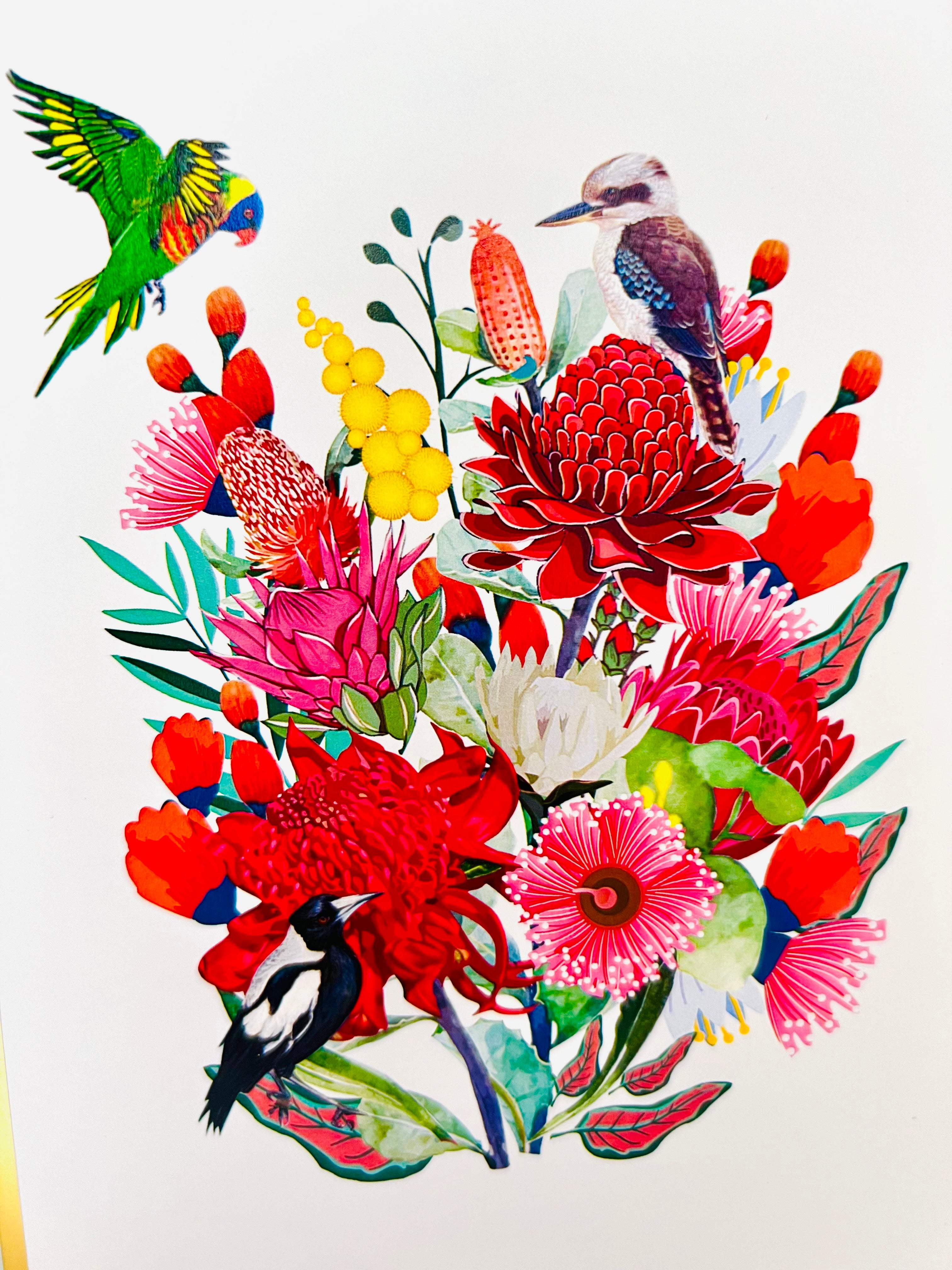 Luxury Gold Australian Native Garden & Birds Origami Pop Cards 3D Pop Up Greeting Card Celebrate Happy Birthday Thank You Handmade Best Wishes Gift Thinking of You Blank Card for Any Occasion Happy Mother's Day Happy Father's Day Australiana
