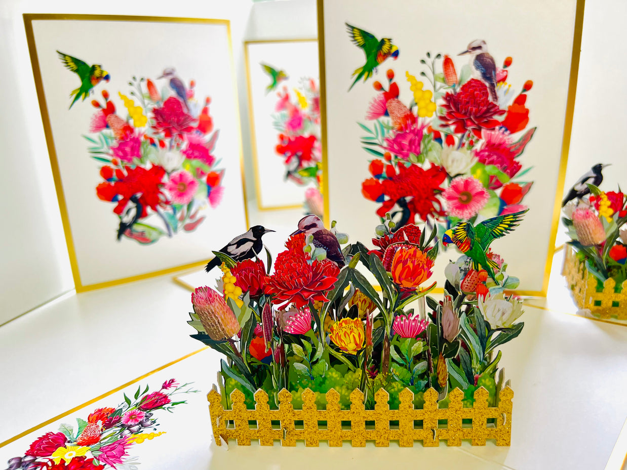 Luxury Gold Australian Native Garden & Birds Origami Pop Cards 3D Pop Up Greeting Card Celebrate Happy Birthday Thank You Handmade Best Wishes Gift Thinking of You Blank Card for Any Occasion Happy Mother's Day Happy Father's Day Australiana