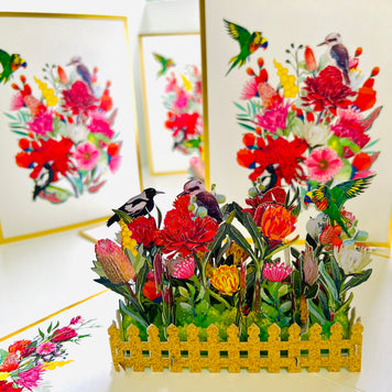 Luxury Gold Australian Native Garden & Birds Origami Pop Cards 3D Pop Up Greeting Card Celebrate Happy Birthday Thank You Handmade Best Wishes Gift Thinking of You Blank Card for Any Occasion Happy Mother's Day Happy Father's Day Australiana
