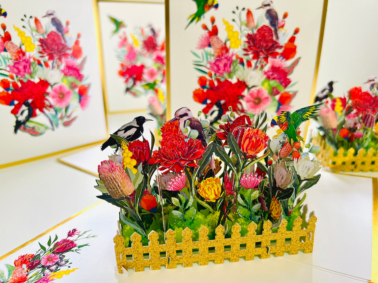 Luxury Gold Australian Native Garden & Birds Origami Pop Cards 3D Pop Up Greeting Card Celebrate Happy Birthday Thank You Handmade Best Wishes Gift Thinking of You Blank Card for Any Occasion Happy Mother's Day Happy Father's Day Australiana