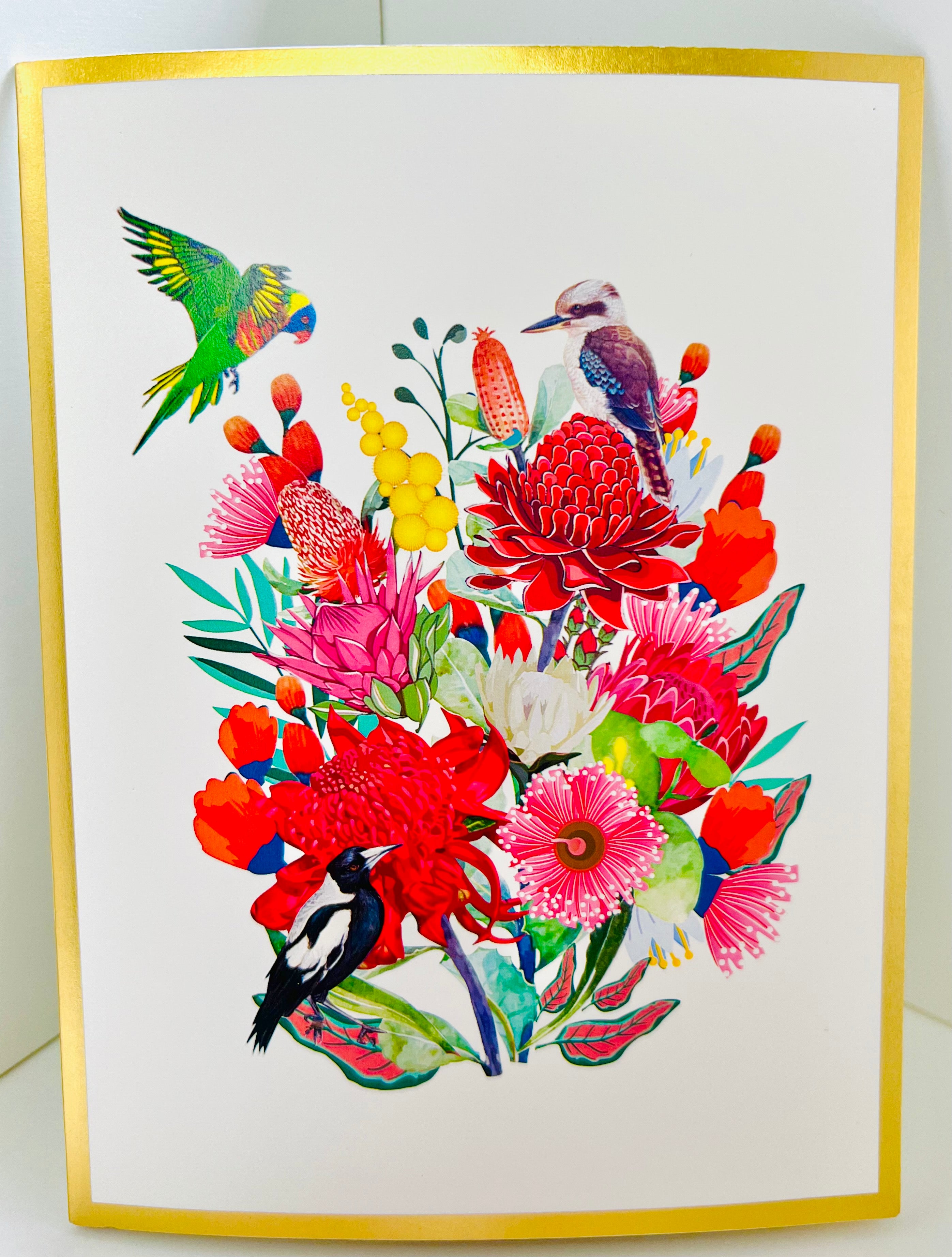 Luxury Gold Australian Native Garden & Birds Origami Pop Cards 3D Pop Up Greeting Card Celebrate Happy Birthday Thank You Handmade Best Wishes Gift Thinking of You Blank Card for Any Occasion Happy Mother's Day Happy Father's Day Australiana