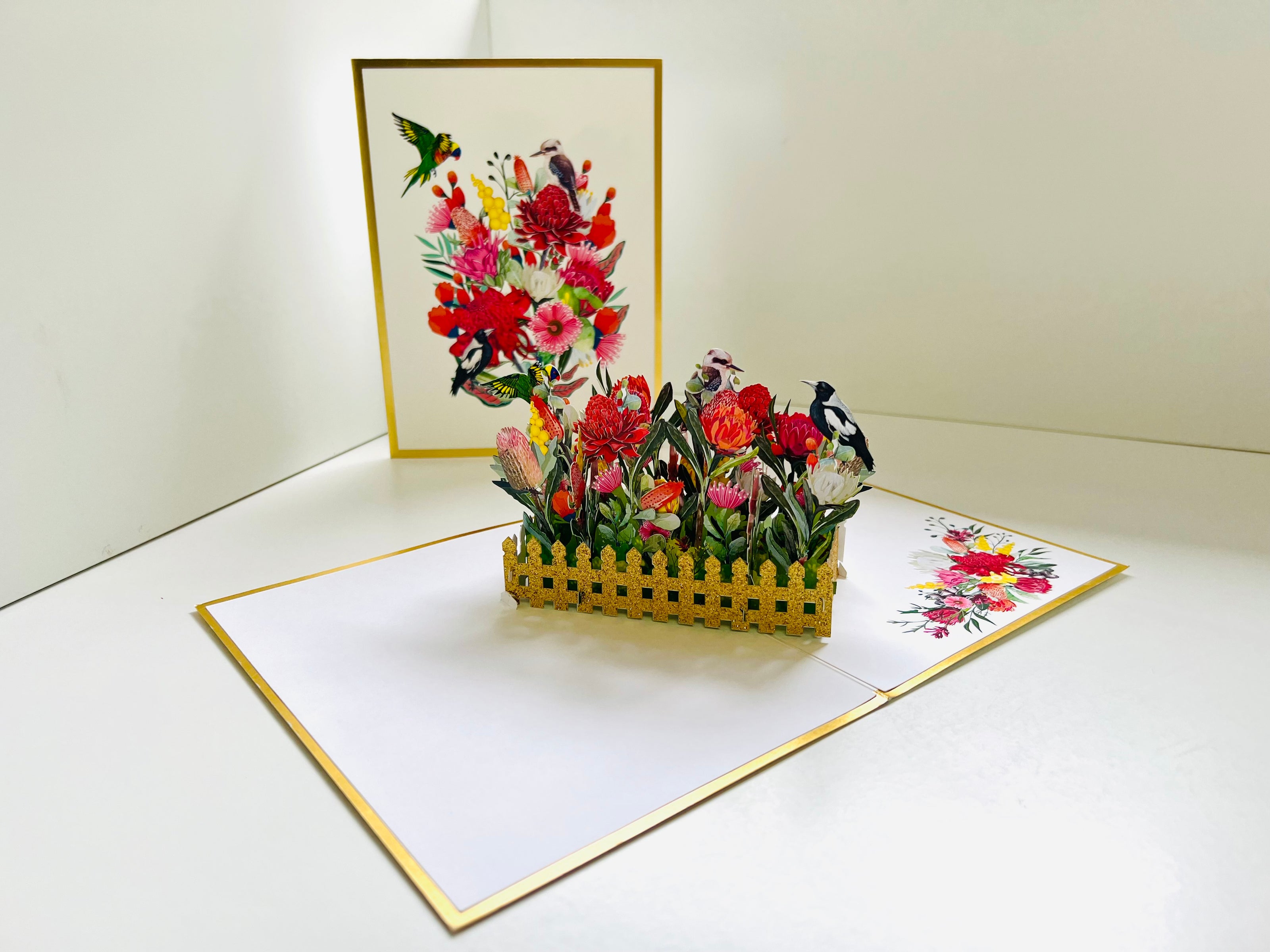 Luxury Gold Australian Native Garden & Birds Origami Pop Cards 3D Pop Up Greeting Card Celebrate Happy Birthday Thank You Handmade Best Wishes Gift Thinking of You Blank Card for Any Occasion Happy Mother's Day Happy Father's Day Australiana