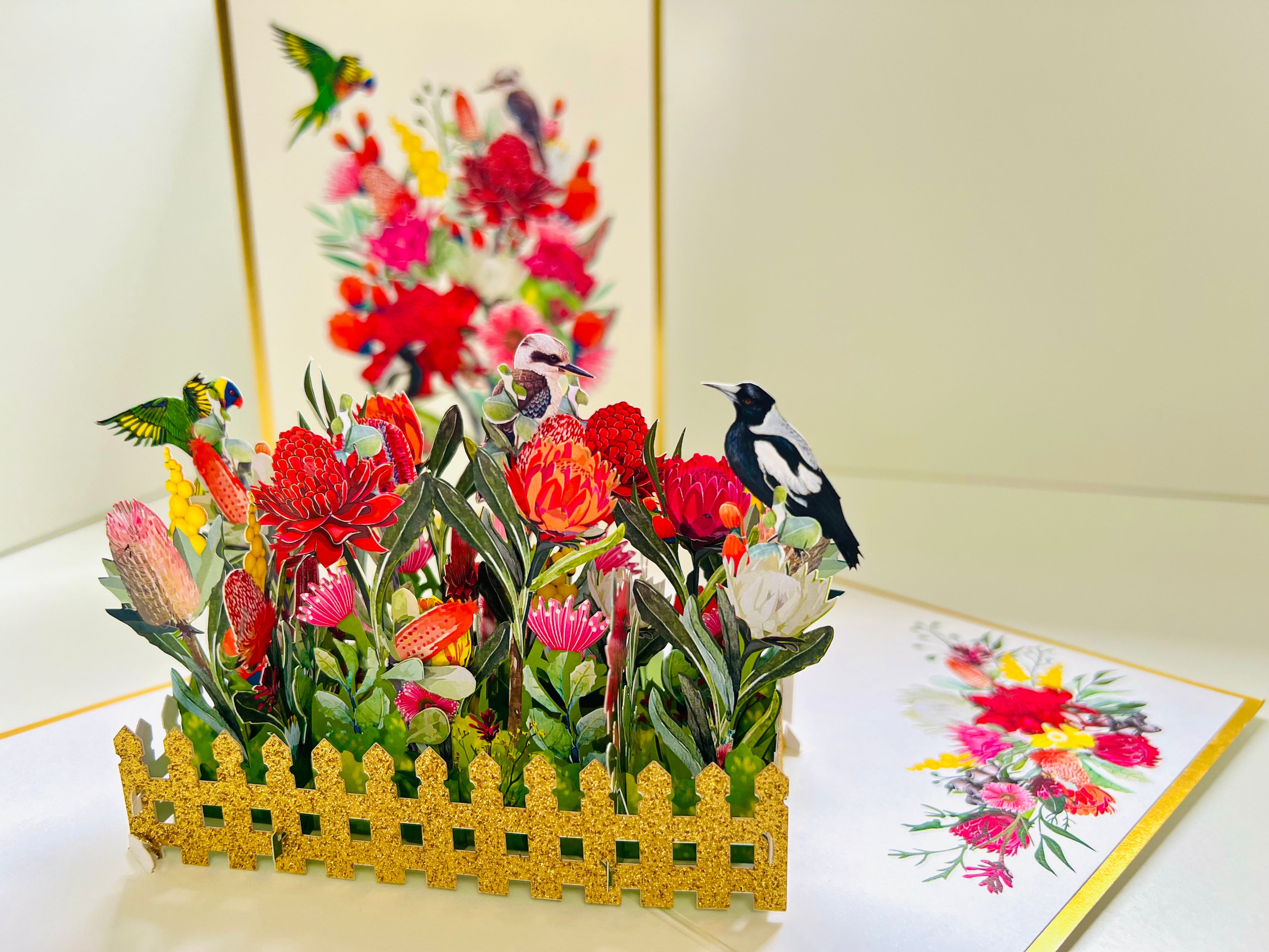 Luxury Gold Australian Native Garden & Birds Origami Pop Cards 3D Pop Up Greeting Card Celebrate Happy Birthday Thank You Handmade Best Wishes Gift Thinking of You Blank Card for Any Occasion Happy Mother's Day Happy Father's Day Australiana