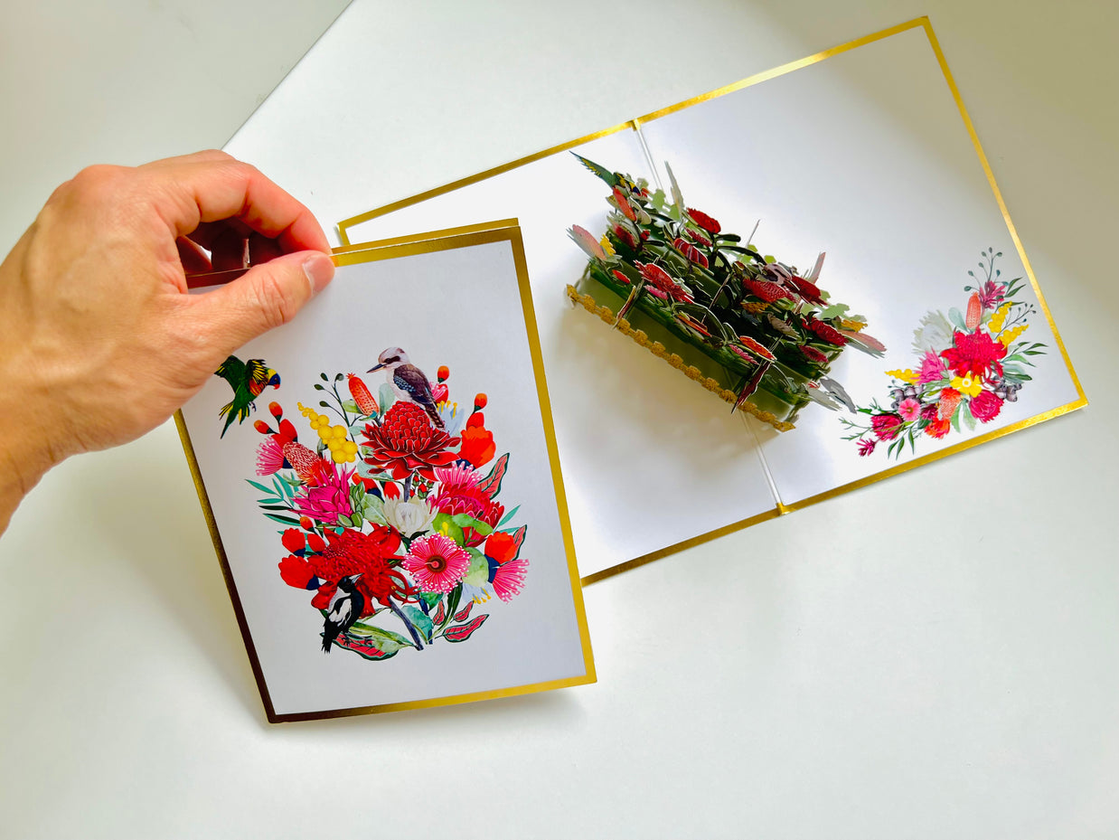 Luxury Gold Australian Native Garden & Birds Origami Pop Cards 3D Pop Up Greeting Card Celebrate Happy Birthday Thank You Handmade Best Wishes Gift Thinking of You Blank Card for Any Occasion Happy Mother's Day Happy Father's Day Australiana