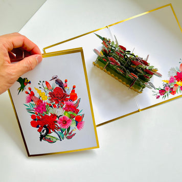 Luxury Gold Australian Native Garden & Birds Origami Pop Cards 3D Pop Up Greeting Card Celebrate Happy Birthday Thank You Handmade Best Wishes Gift Thinking of You Blank Card for Any Occasion Happy Mother's Day Happy Father's Day Australiana