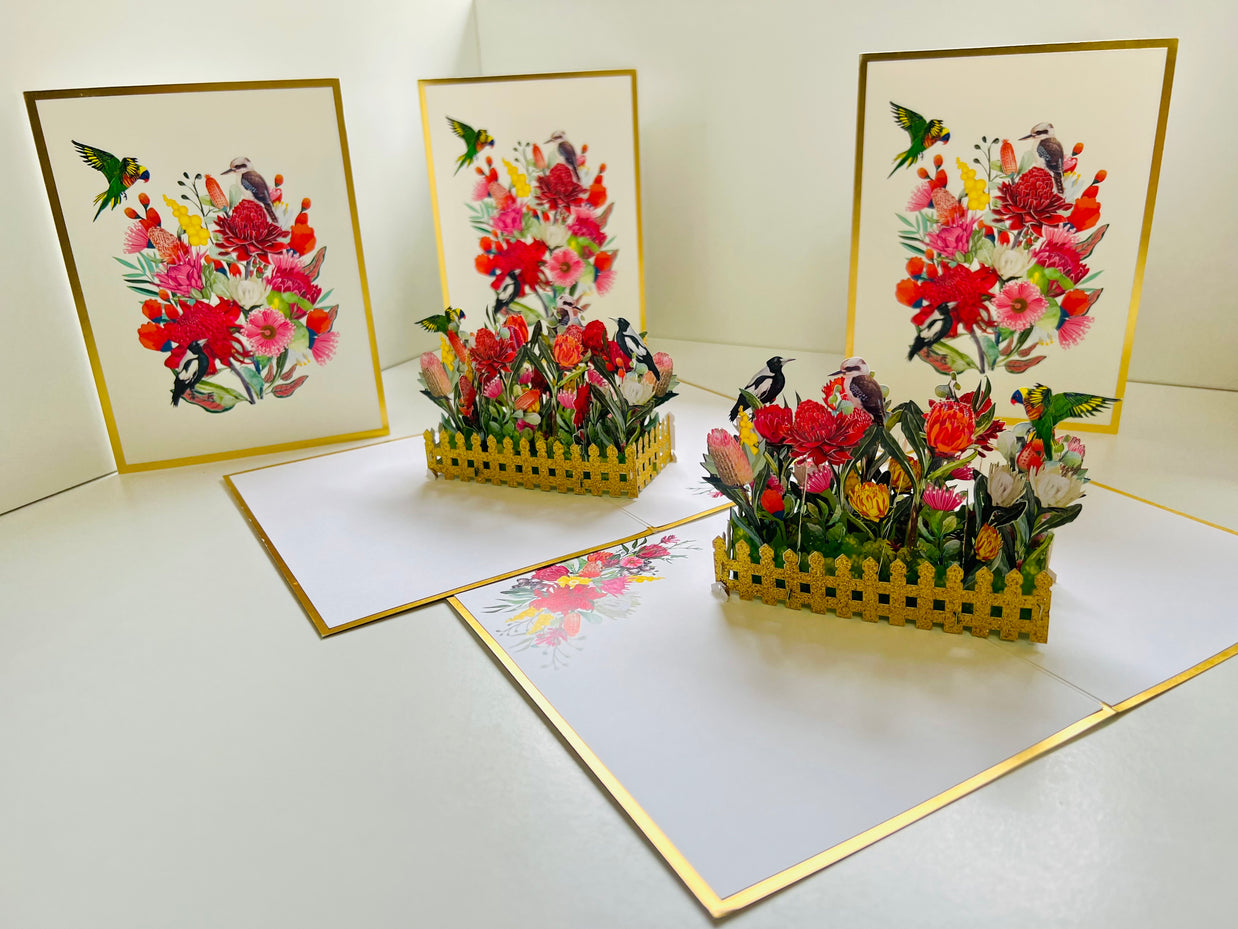 Luxury Gold Australian Native Garden & Birds Origami Pop Cards 3D Pop Up Greeting Card Celebrate Happy Birthday Thank You Handmade Best Wishes Gift Thinking of You Blank Card for Any Occasion Happy Mother's Day Happy Father's Day Australiana