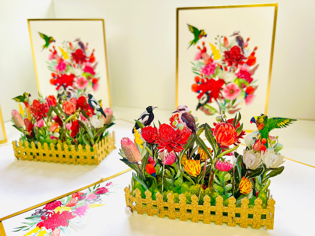 Luxury Gold Australian Native Garden & Birds Origami Pop Cards 3D Pop Up Greeting Card Celebrate Happy Birthday Thank You Handmade Best Wishes Gift Thinking of You Blank Card for Any Occasion Happy Mother's Day Happy Father's Day Australiana