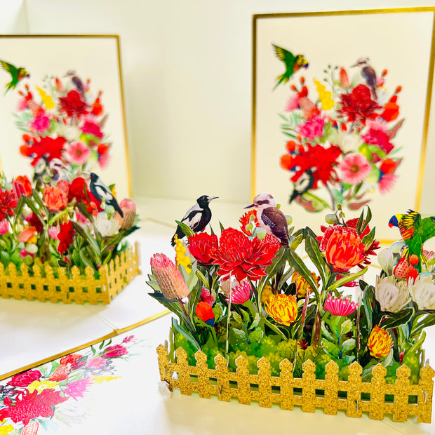 Luxury Gold Australian Native Garden & Birds Origami Pop Cards 3D Pop Up Greeting Card Celebrate Happy Birthday Thank You Handmade Best Wishes Gift Thinking of You Blank Card for Any Occasion Happy Mother's Day Happy Father's Day Australiana