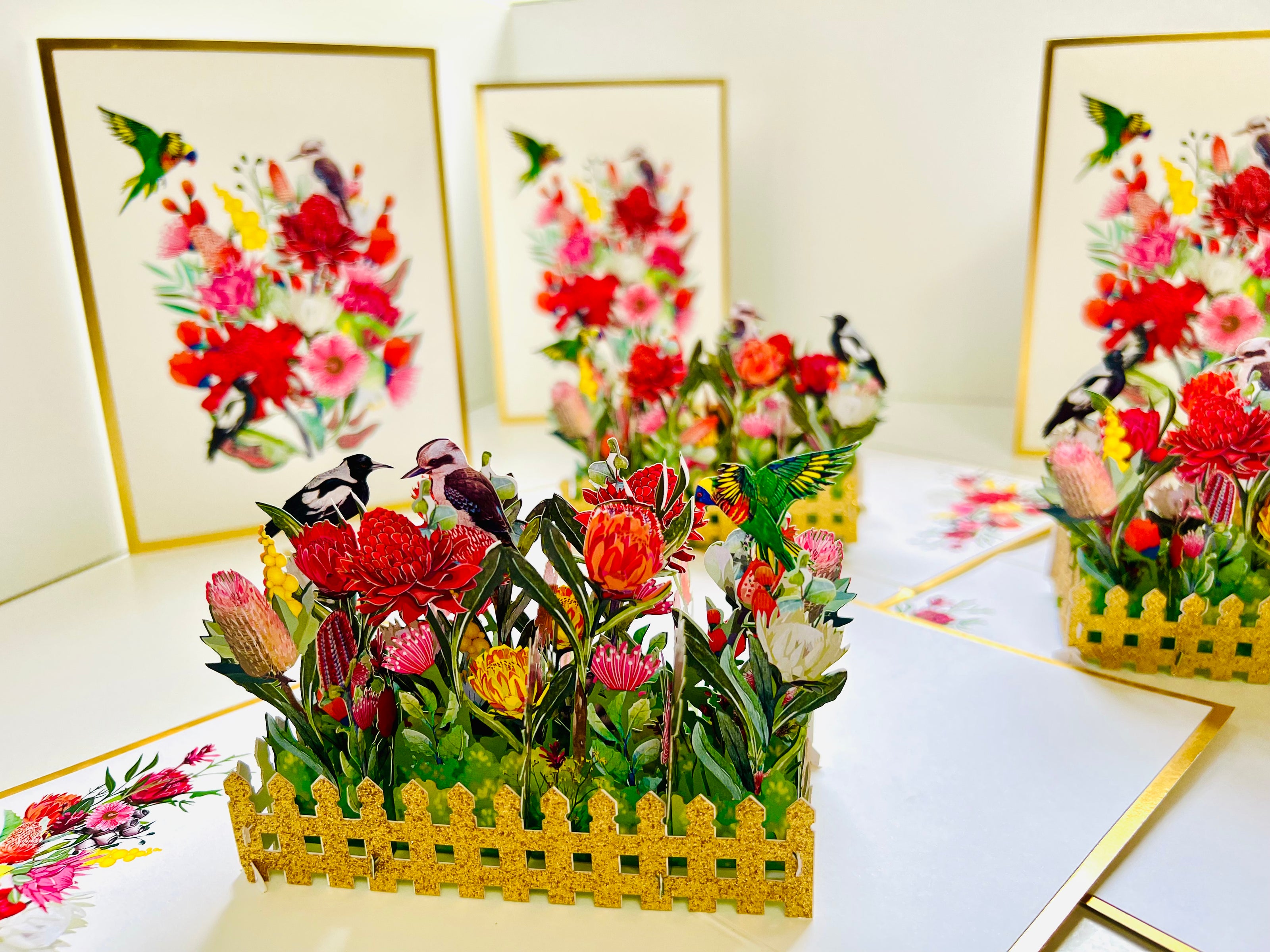 Luxury Gold Australian Native Garden & Birds Origami Pop Cards 3D Pop Up Greeting Card Celebrate Happy Birthday Thank You Handmade Best Wishes Gift Thinking of You Blank Card for Any Occasion Happy Mother's Day Happy Father's Day Australiana