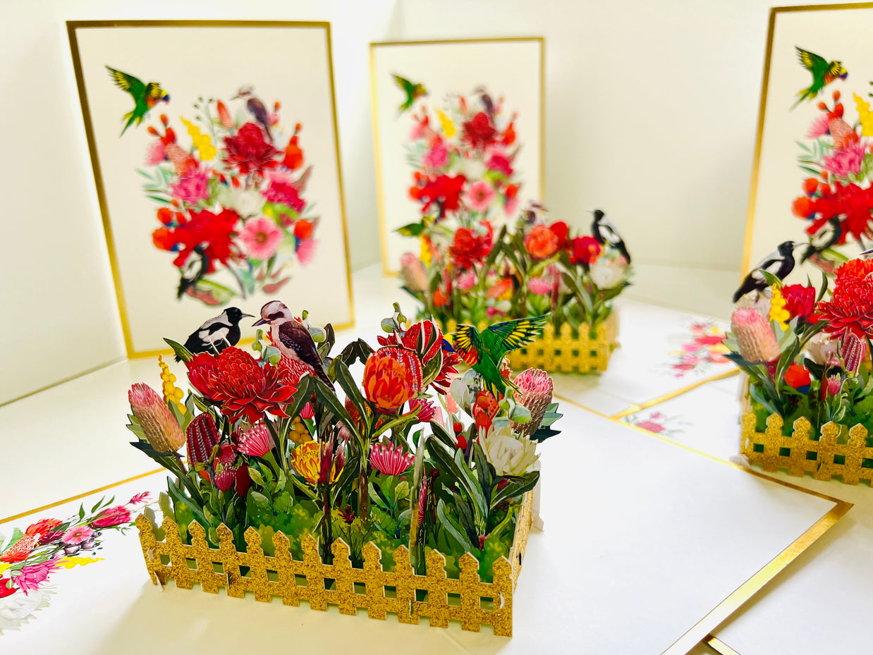 Luxury Gold Australian Native Garden & Birds Origami Pop Cards 3D Pop Up Greeting Card Celebrate Happy Birthday Thank You Handmade Best Wishes Gift Thinking of You Blank Card for Any Occasion Happy Mother's Day Happy Father's Day Australiana