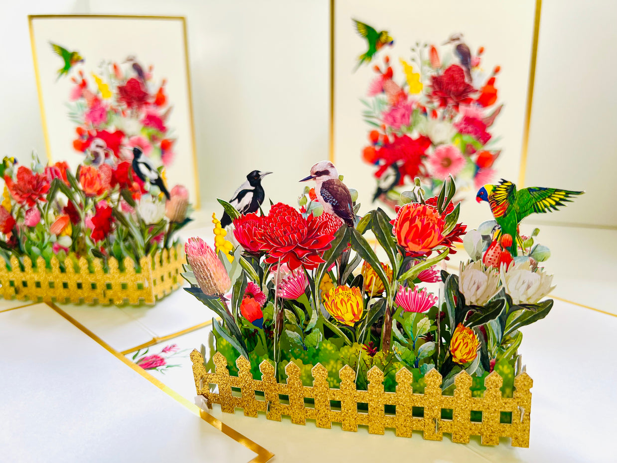Luxury Gold Australian Native Garden & Birds Origami Pop Cards 3D Pop Up Greeting Card Celebrate Happy Birthday Thank You Handmade Best Wishes Gift Thinking of You Blank Card for Any Occasion Happy Mother's Day Happy Father's Day Australiana