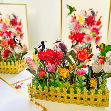 Luxury Gold Australian Native Garden & Birds Origami Pop Cards 3D Pop Up Greeting Card Celebrate Happy Birthday Thank You Handmade Best Wishes Gift Thinking of You Blank Card for Any Occasion Happy Mother's Day Happy Father's Day Australiana