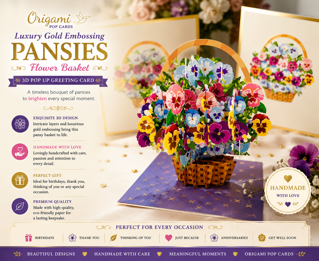 Luxury Gold Embossing Pansies Flower Basket Origami Pop Cards 3D Pop Up Greeting Card Happy Birthday Thank You Handmade Gift Thinking of You Blank Card for Any Occasion Happy Mother's Day Happy Father's Australiana Celebrate the Beauty of Autumn Flowe