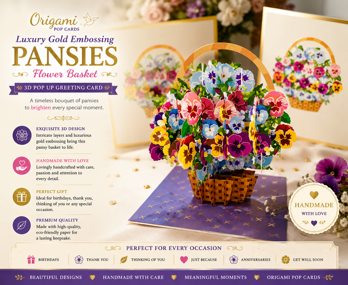 Luxury Gold Embossing Pansies Flower Basket Origami Pop Cards 3D Pop Up Greeting Card Happy Birthday Thank You Handmade Gift Thinking of You Blank Card for Any Occasion Happy Mother's Day Happy Father's Australiana Celebrate the Beauty of Autumn Flowe