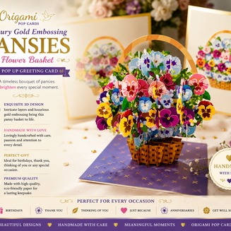 Luxury Gold Embossing Pansies Flower Basket Origami Pop Cards 3D Pop Up Greeting Card Happy Birthday Thank You Handmade Gift Thinking of You Blank Card for Any Occasion Happy Mother's Day Happy Father's Australiana Celebrate the Beauty of Autumn Flowe