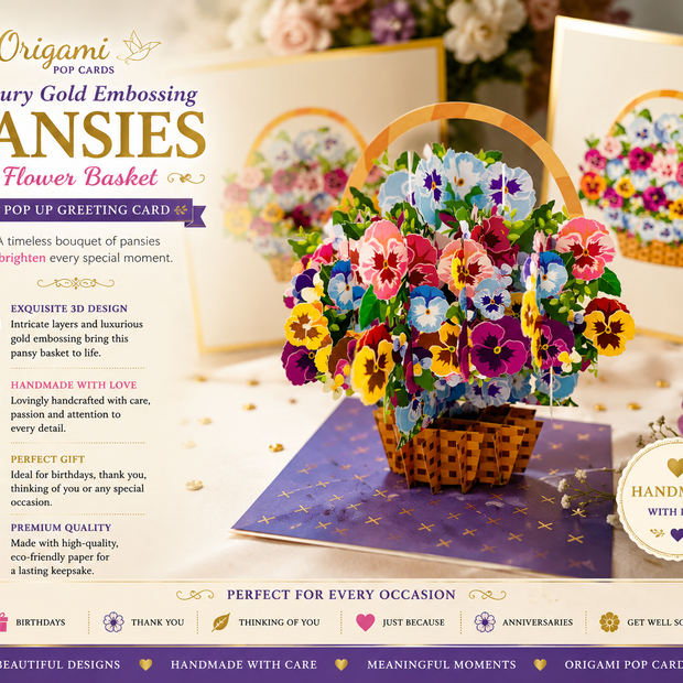 Luxury Gold Embossing Pansies Flower Basket Origami Pop Cards 3D Pop Up Greeting Card Happy Birthday Thank You Handmade Gift Thinking of You Blank Card for Any Occasion Happy Mother's Day Happy Father's Australiana Celebrate the Beauty of Autumn Flowe