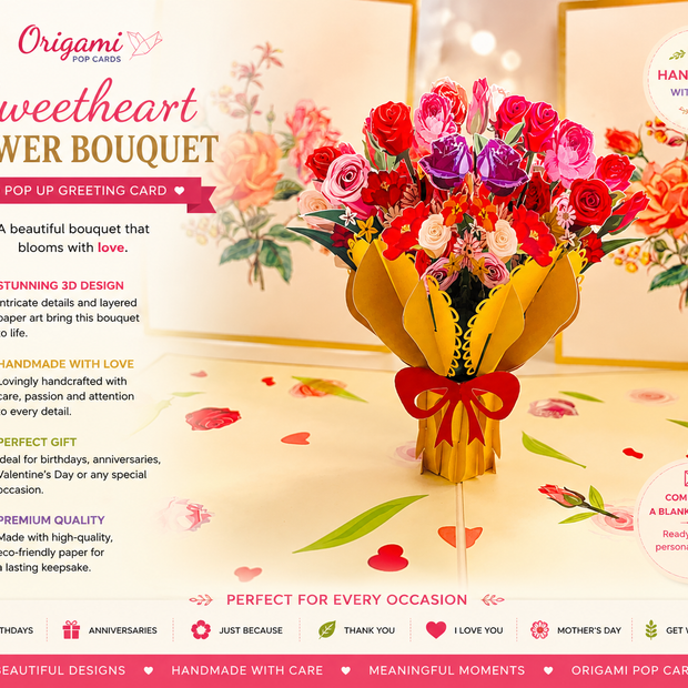 Luxury Gold Embossing Sweetheart Flower Bouquet Origami Pop Cards 3D Pop Up Greeting Card Happy Birthday Thank You Handmade Gift Thinking of You Blank Card for Any Occasion Happy Mother's Day Happy Father's Australiana Celebrate and Romantic