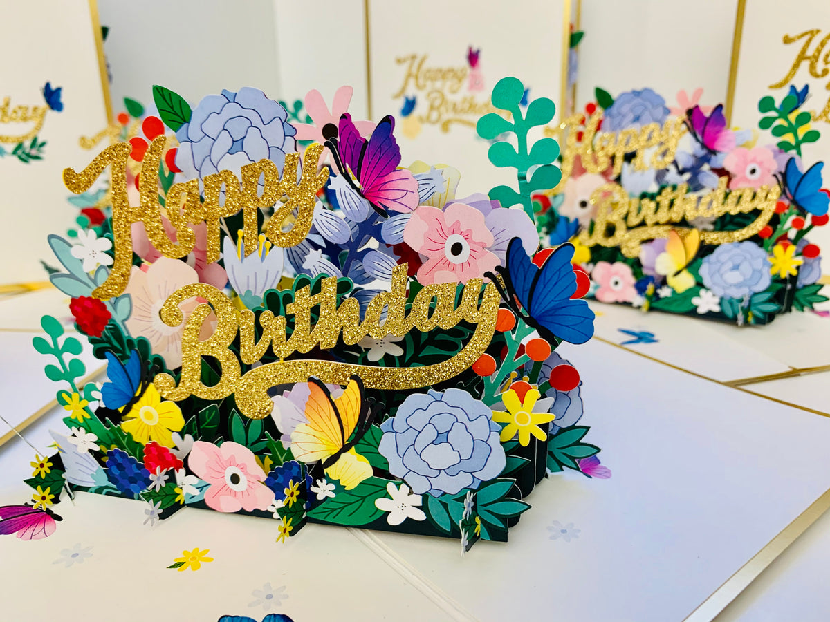 Luxury Gold Happy Birthday with Spring Garden & Butterfly Origami Pop Cards 3D Pop Up Greeting Card Thank You Handmade Gift Thinking of You Happy Birthday Occasion Australiana Celebrate the Beauty and Happiness During Special Day Best Wishes Gift