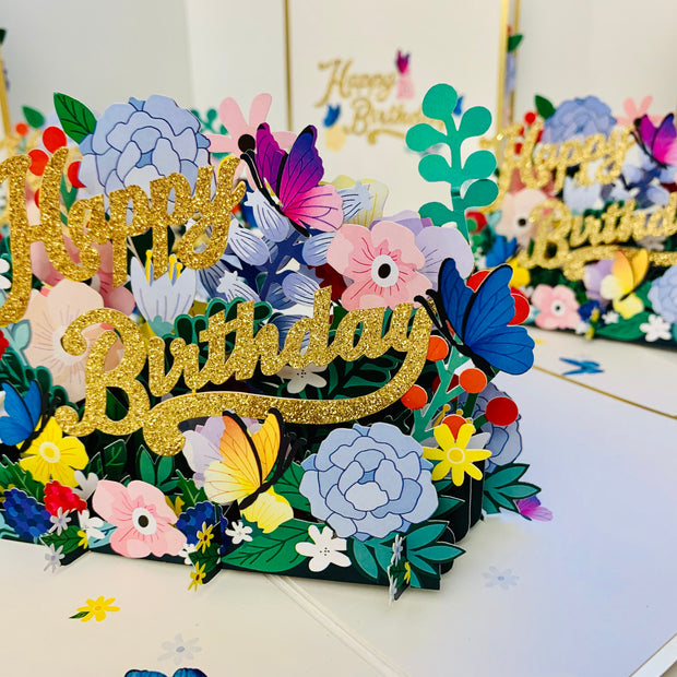 Luxury Gold Happy Birthday with Spring Garden & Butterfly Origami Pop Cards 3D Pop Up Greeting Card Thank You Handmade Gift Thinking of You Happy Birthday Occasion Australiana Celebrate the Beauty and Happiness During Special Day Best Wishes Gift