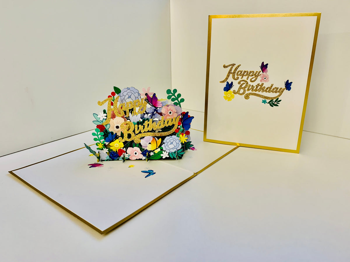 Luxury Gold Happy Birthday with Spring Garden & Butterfly Origami Pop Cards 3D Pop Up Greeting Card Thank You Handmade Gift Thinking of You Happy Birthday Occasion Australiana Celebrate the Beauty and Happiness During Special Day Best Wishes Gift