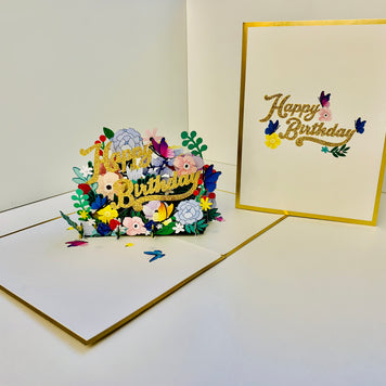 Luxury Gold Happy Birthday with Spring Garden & Butterfly Origami Pop Cards 3D Pop Up Greeting Card Thank You Handmade Gift Thinking of You Happy Birthday Occasion Australiana Celebrate the Beauty and Happiness During Special Day Best Wishes Gift