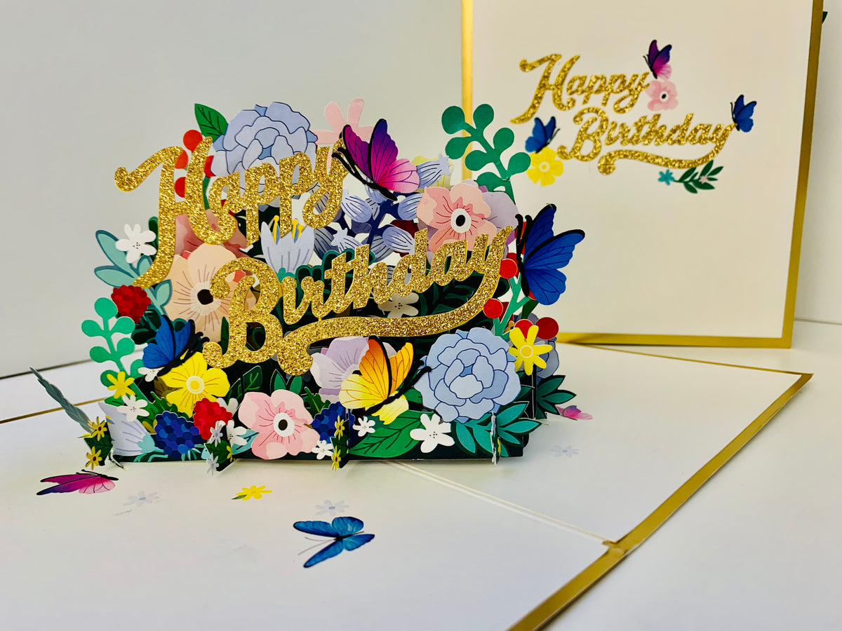 Luxury Gold Happy Birthday with Spring Garden & Butterfly Origami Pop Cards 3D Pop Up Greeting Card Thank You Handmade Gift Thinking of You Happy Birthday Occasion Australiana Celebrate the Beauty and Happiness During Special Day Best Wishes Gift