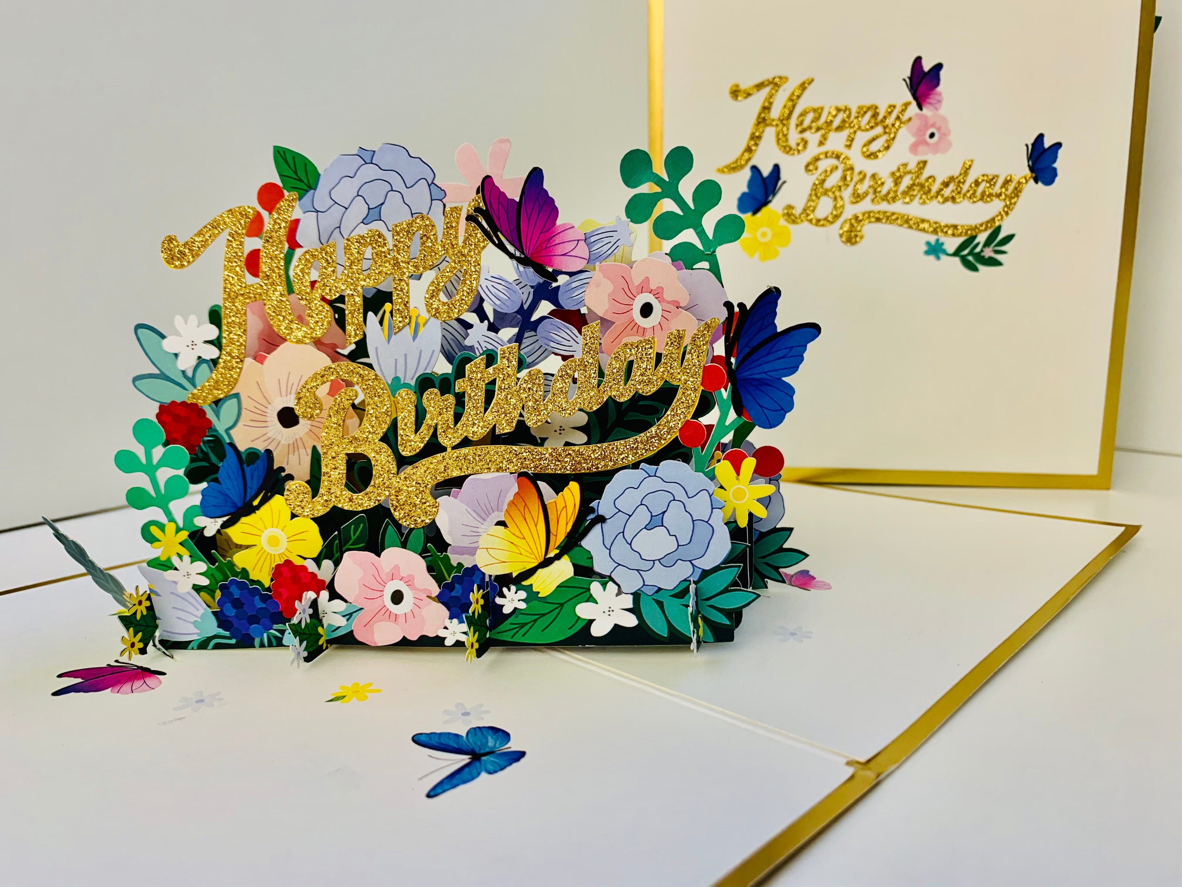 Luxury Gold Happy Birthday with Spring Garden & Butterfly Origami Pop Cards 3D Pop Up Greeting Card Thank You Handmade Gift Thinking of You Happy Birthday Occasion Australiana Celebrate the Beauty and Happiness During Special Day Best Wishes Gift