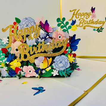 Luxury Gold Happy Birthday with Spring Garden & Butterfly Origami Pop Cards 3D Pop Up Greeting Card Thank You Handmade Gift Thinking of You Happy Birthday Occasion Australiana Celebrate the Beauty and Happiness During Special Day Best Wishes Gift