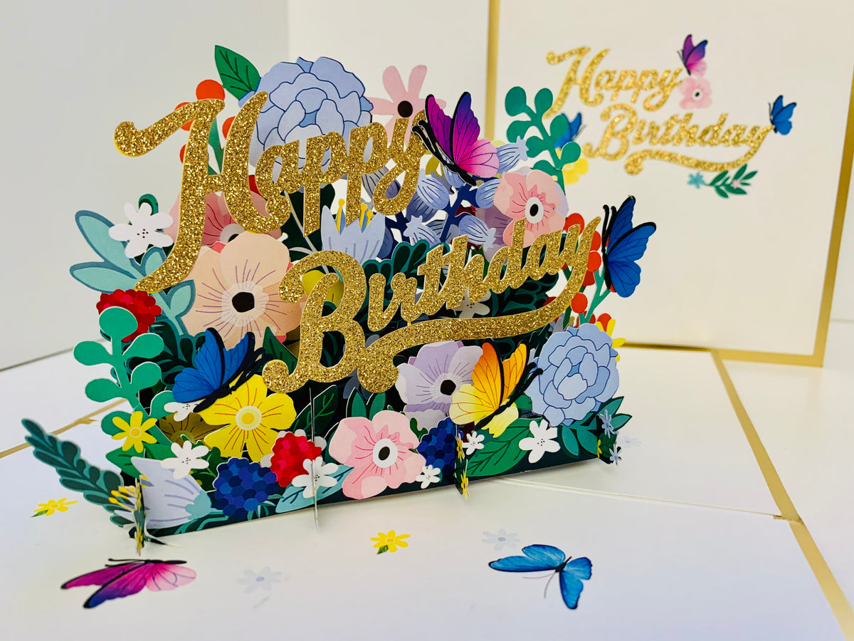 Luxury Gold Happy Birthday with Spring Garden & Butterfly Origami Pop Cards 3D Pop Up Greeting Card Thank You Handmade Gift Thinking of You Happy Birthday Occasion Australiana Celebrate the Beauty and Happiness During Special Day Best Wishes Gift