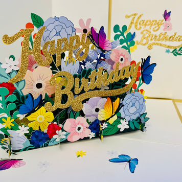 Luxury Gold Happy Birthday with Spring Garden & Butterfly Origami Pop Cards 3D Pop Up Greeting Card Thank You Handmade Gift Thinking of You Happy Birthday Occasion Australiana Celebrate the Beauty and Happiness During Special Day Best Wishes Gift