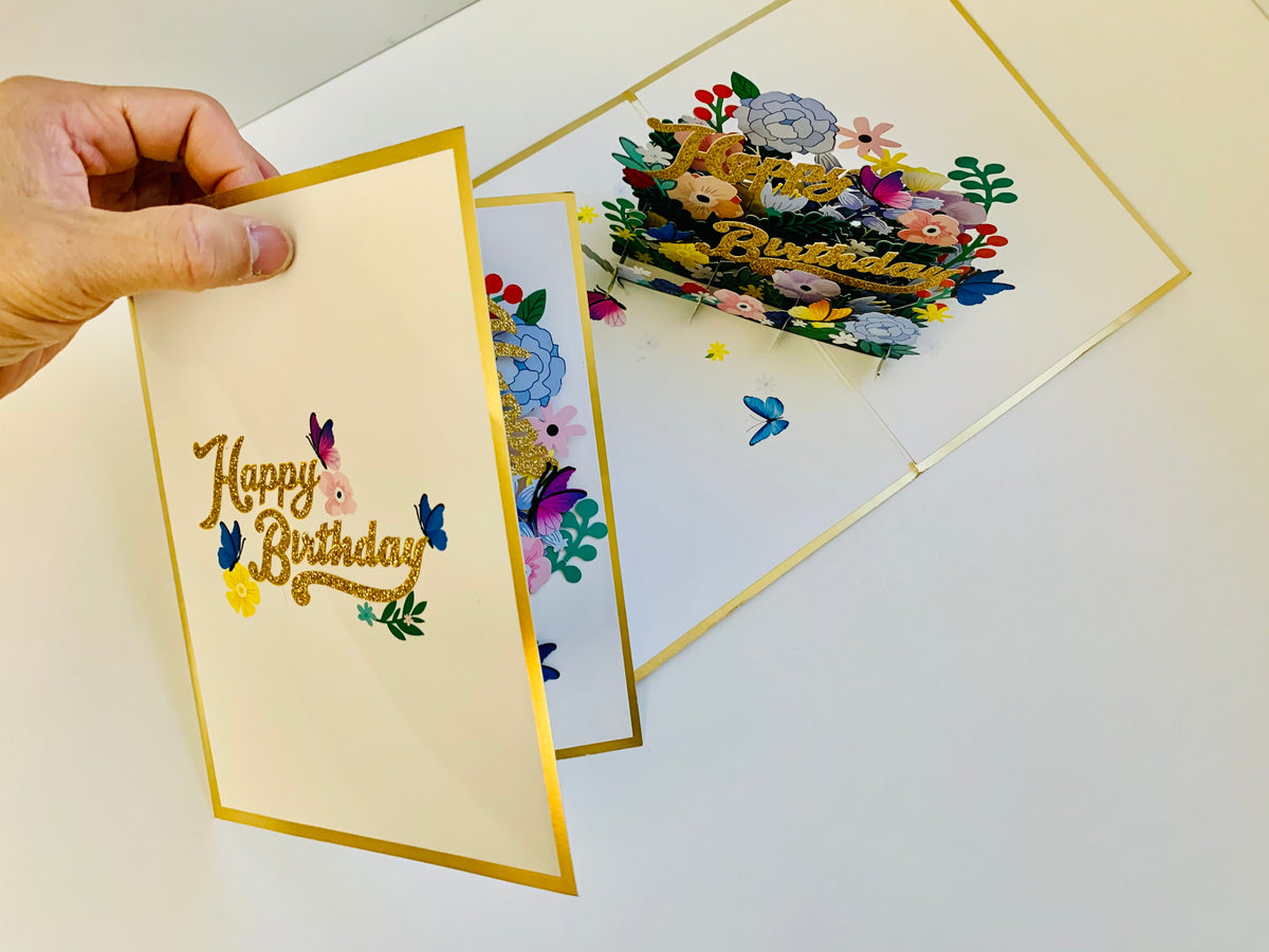 Luxury Gold Happy Birthday with Spring Garden & Butterfly Origami Pop Cards 3D Pop Up Greeting Card Thank You Handmade Gift Thinking of You Happy Birthday Occasion Australiana Celebrate the Beauty and Happiness During Special Day Best Wishes Gift