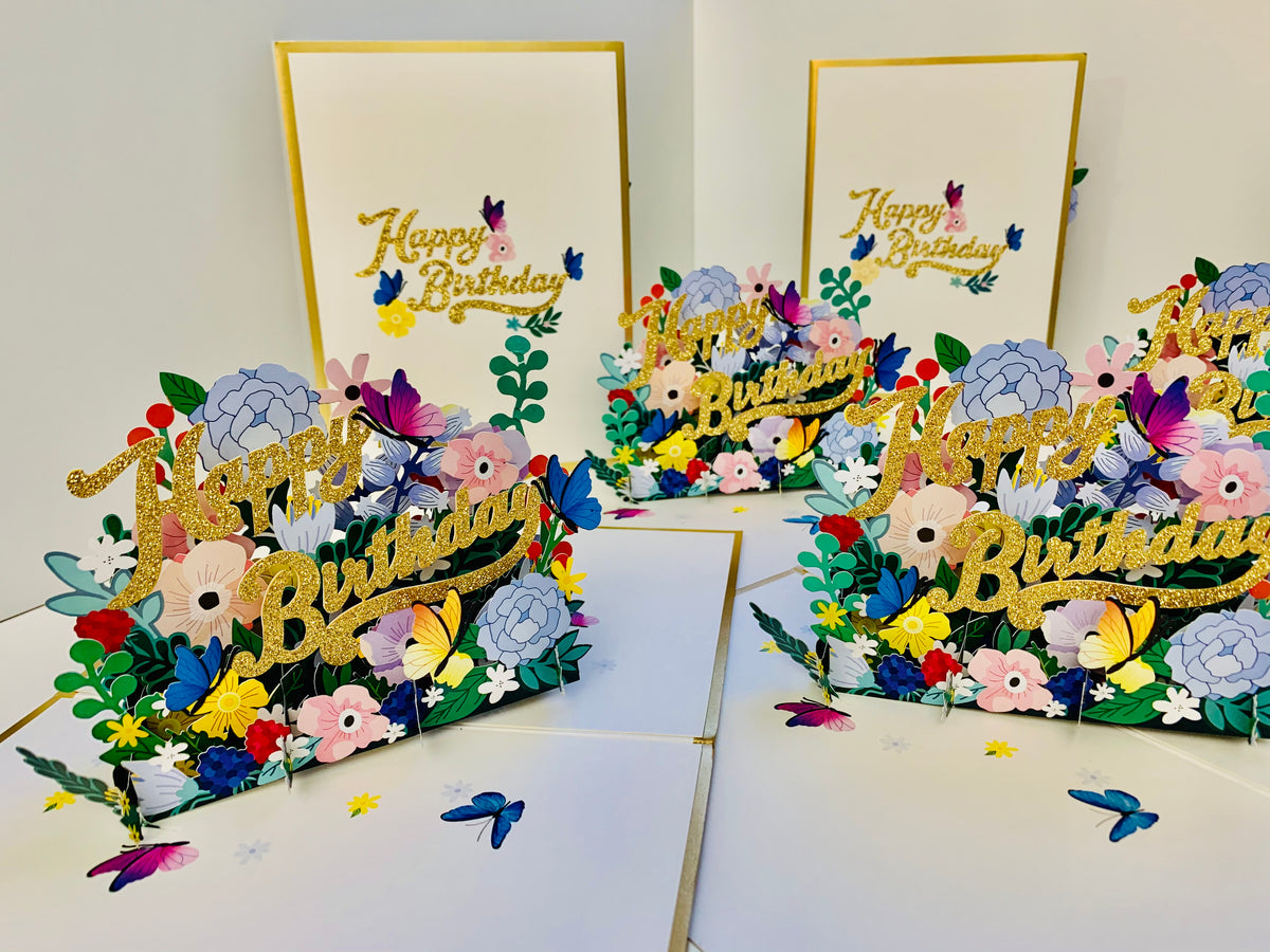 Luxury Gold Happy Birthday with Spring Garden & Butterfly Origami Pop Cards 3D Pop Up Greeting Card Thank You Handmade Gift Thinking of You Happy Birthday Occasion Australiana Celebrate the Beauty and Happiness During Special Day Best Wishes Gift
