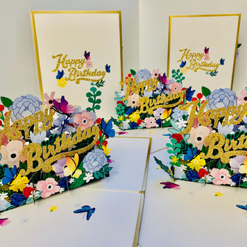 Luxury Gold Happy Birthday with Spring Garden & Butterfly Origami Pop Cards 3D Pop Up Greeting Card Thank You Handmade Gift Thinking of You Happy Birthday Occasion Australiana Celebrate the Beauty and Happiness During Special Day Best Wishes Gift