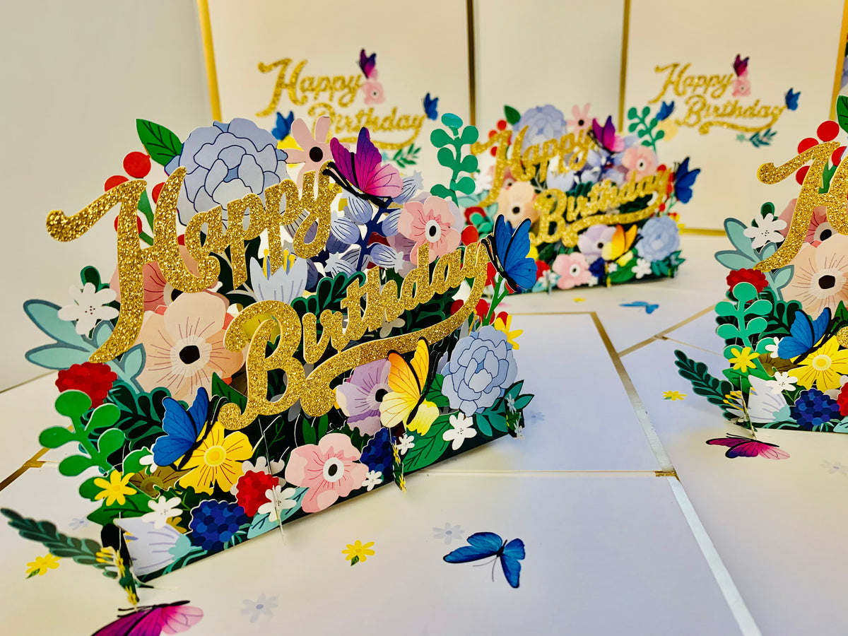 Luxury Gold Happy Birthday with Spring Garden & Butterfly Origami Pop Cards 3D Pop Up Greeting Card Thank You Handmade Gift Thinking of You Happy Birthday Occasion Australiana Celebrate the Beauty and Happiness During Special Day Best Wishes Gift