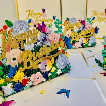 Luxury Gold Happy Birthday with Spring Garden & Butterfly Origami Pop Cards 3D Pop Up Greeting Card Thank You Handmade Gift Thinking of You Happy Birthday Occasion Australiana Celebrate the Beauty and Happiness During Special Day Best Wishes Gift