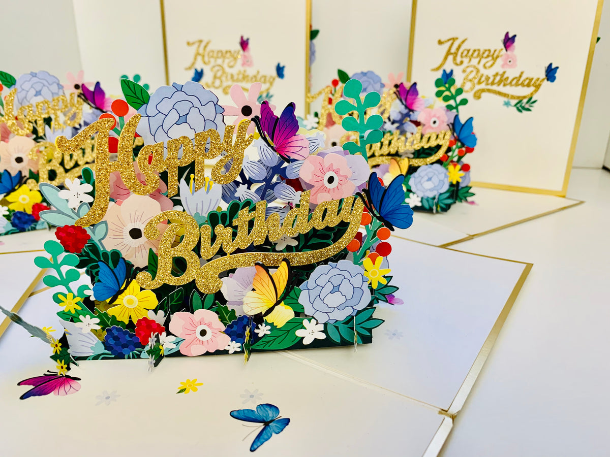 Luxury Gold Happy Birthday with Spring Garden & Butterfly Origami Pop Cards 3D Pop Up Greeting Card Thank You Handmade Gift Thinking of You Happy Birthday Occasion Australiana Celebrate the Beauty and Happiness During Special Day Best Wishes Gift